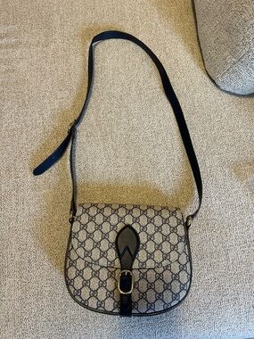 Gucci Navy GG Monogram Crossbody Bag with Navy Leather Trim